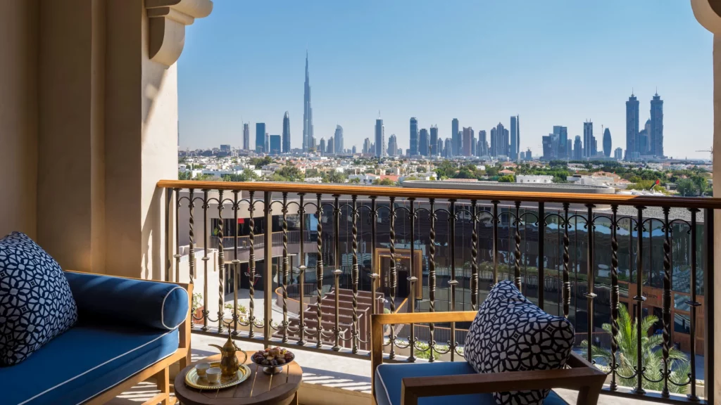 The Dubai Skyline from the rooftop of hotels such as the Burj Al Arab and the Four Seasons.